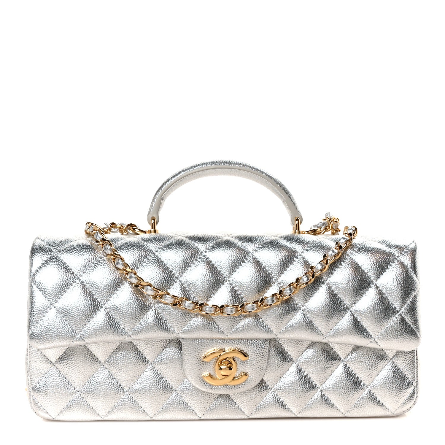 Chanel Metallic Caviar Quilted Top Handle East West Flap Silver
