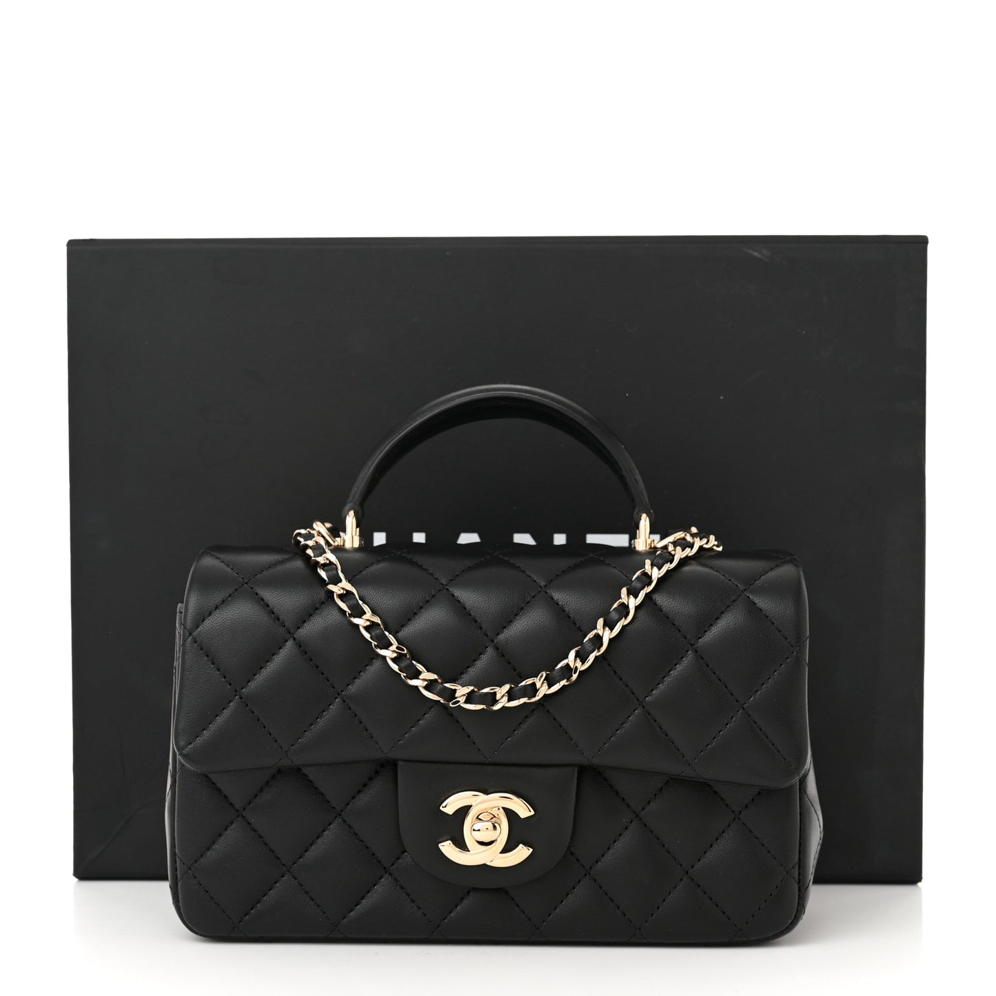 Lambskin Quilted Mini Top Handle Rectangular Flap Black