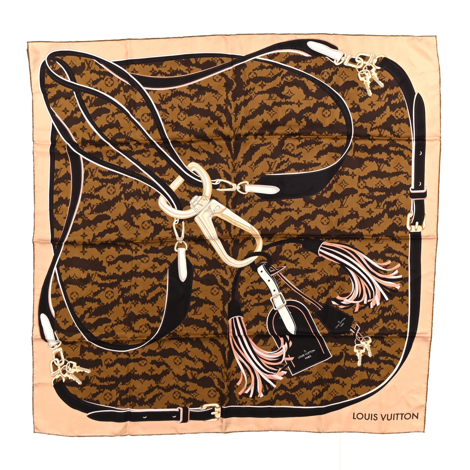 Louis Vuitton Silk Monogram Tiger Stripe Square 90 Scarf Marron