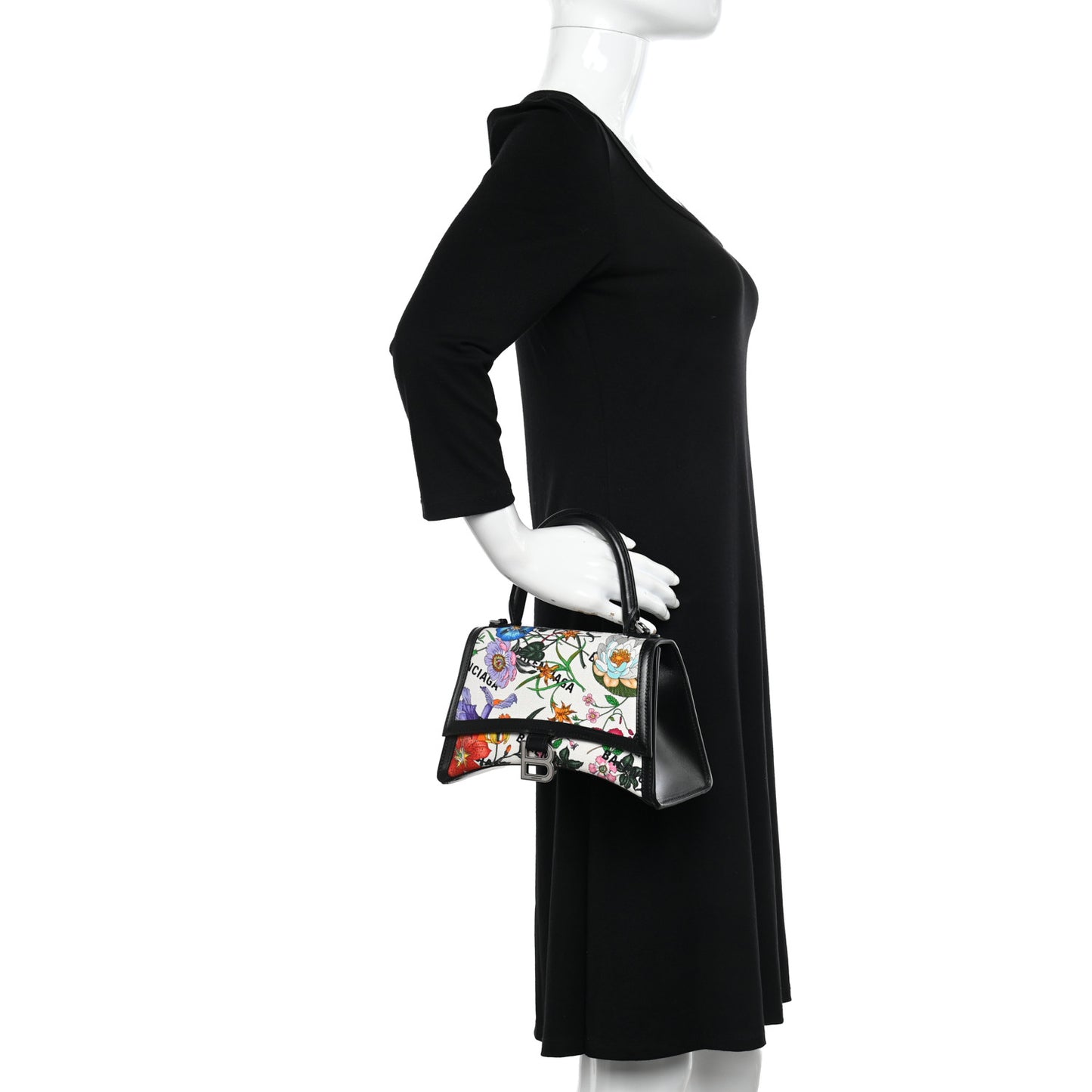 X GUCCI Canvas Boarded Plutone Calfskin Flora Logo Print Small Hourglass Top Handle Bag White Multicolor Black