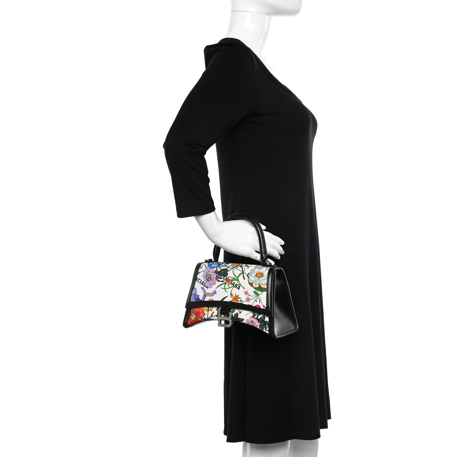 Balenciaga X GUCCI Canvas Boarded Plutone Calfskin Flora Logo Print Small Hourglass Top Handle Bag White Multicolor Black 2 of 9