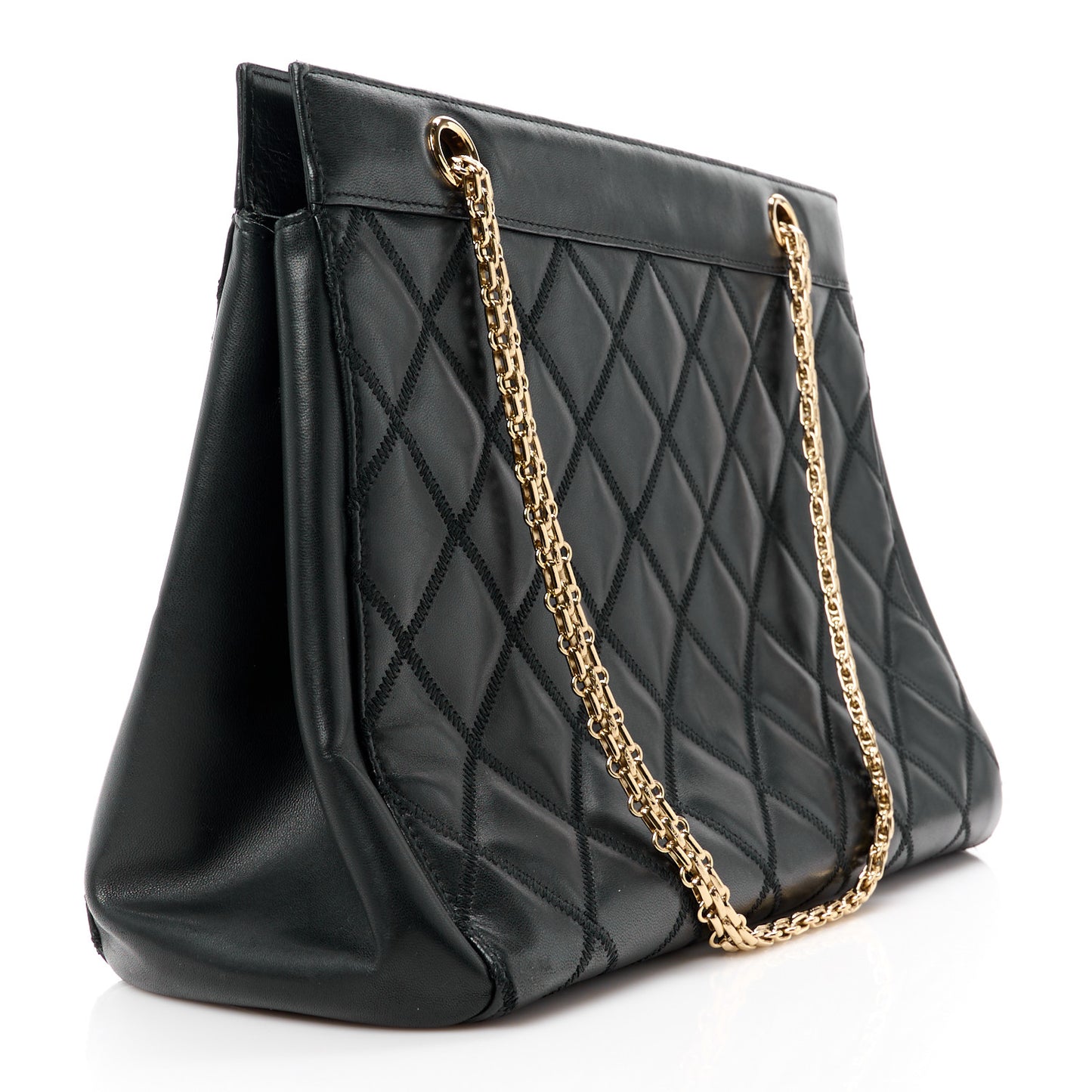 Lambskin Quilted Chain Shopping Tote Black