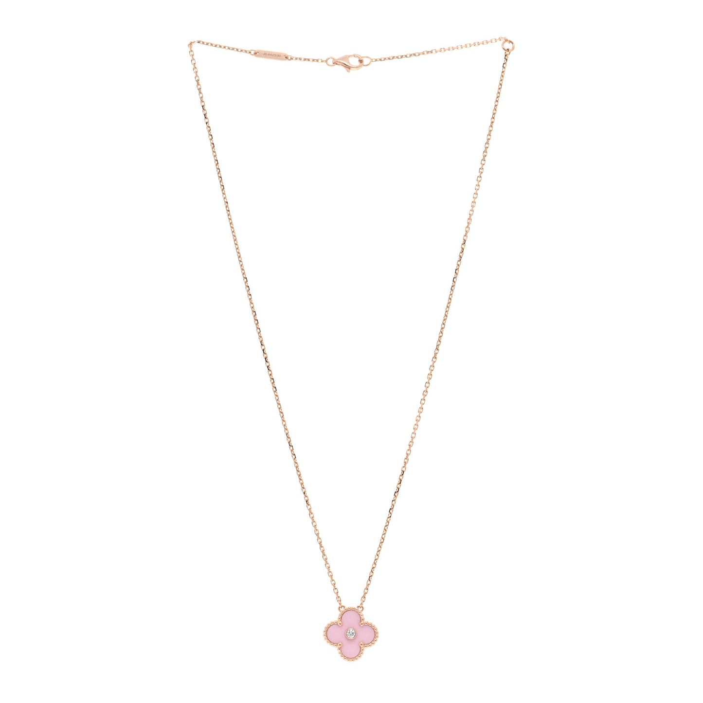 18K Rose Gold Diamond Pink Porcelain Vintage Alhambra Pendant Necklace