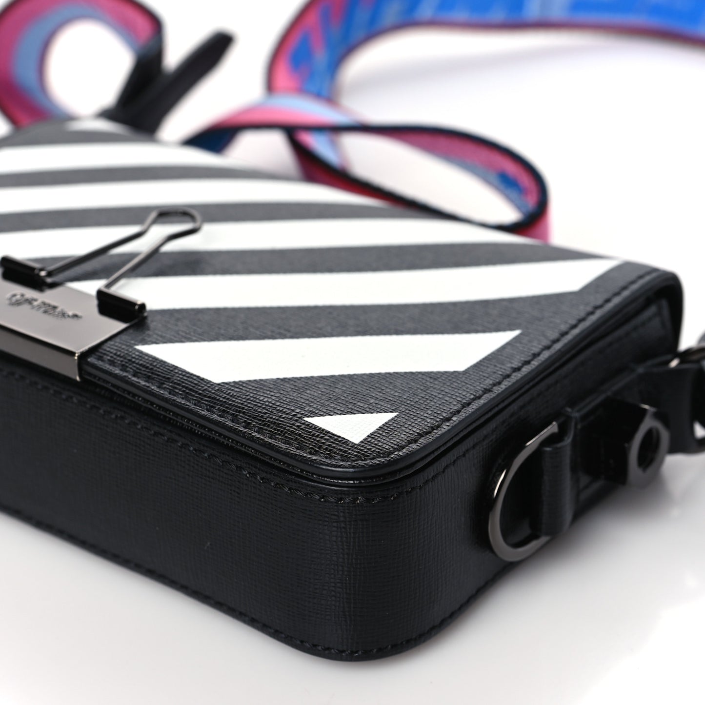 Saffiano Striped Mini Diag Binder Clip Bag Black White Indus