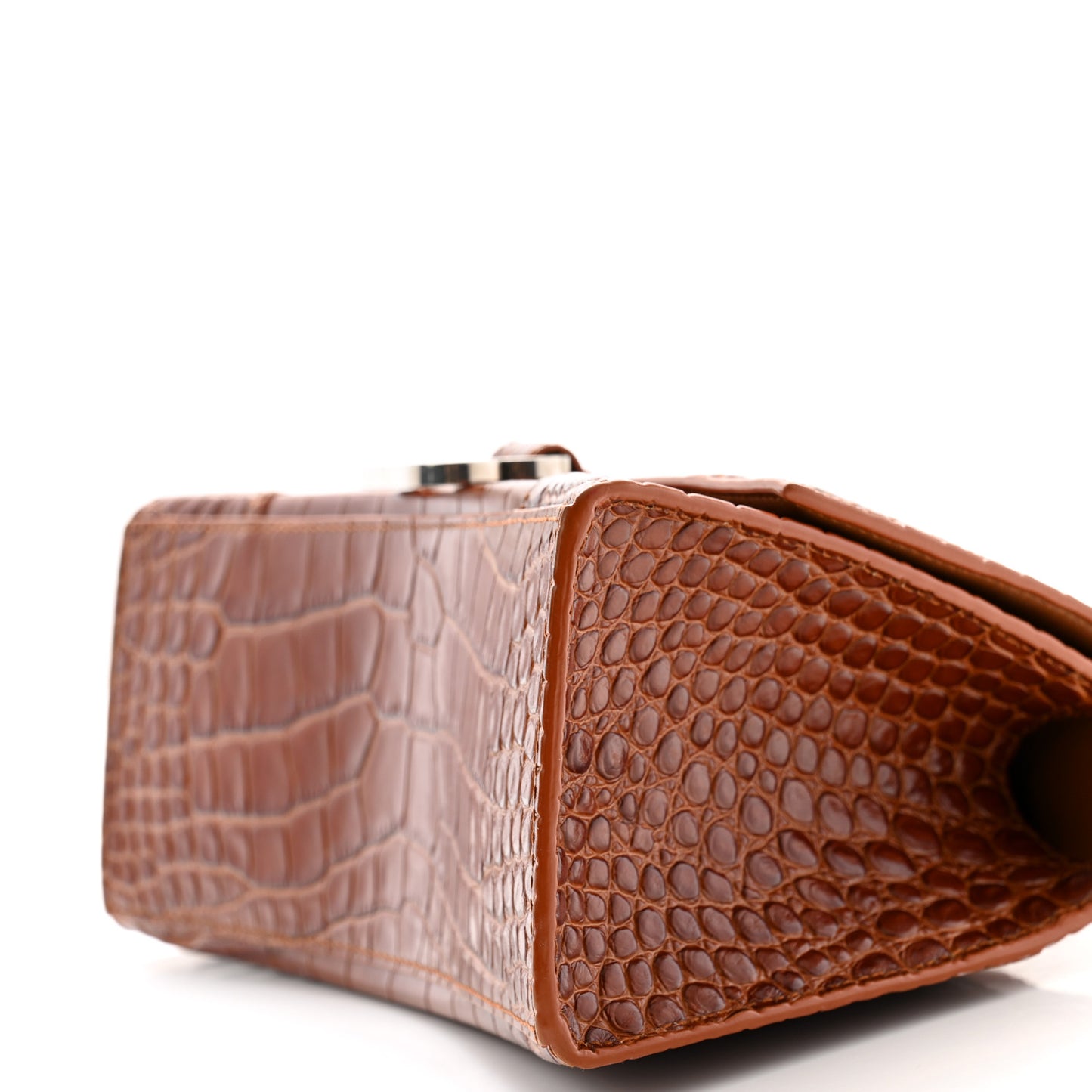 Shiny Calfskin Crocodile Embossed Small Hourglass Top Handle Bag Camel