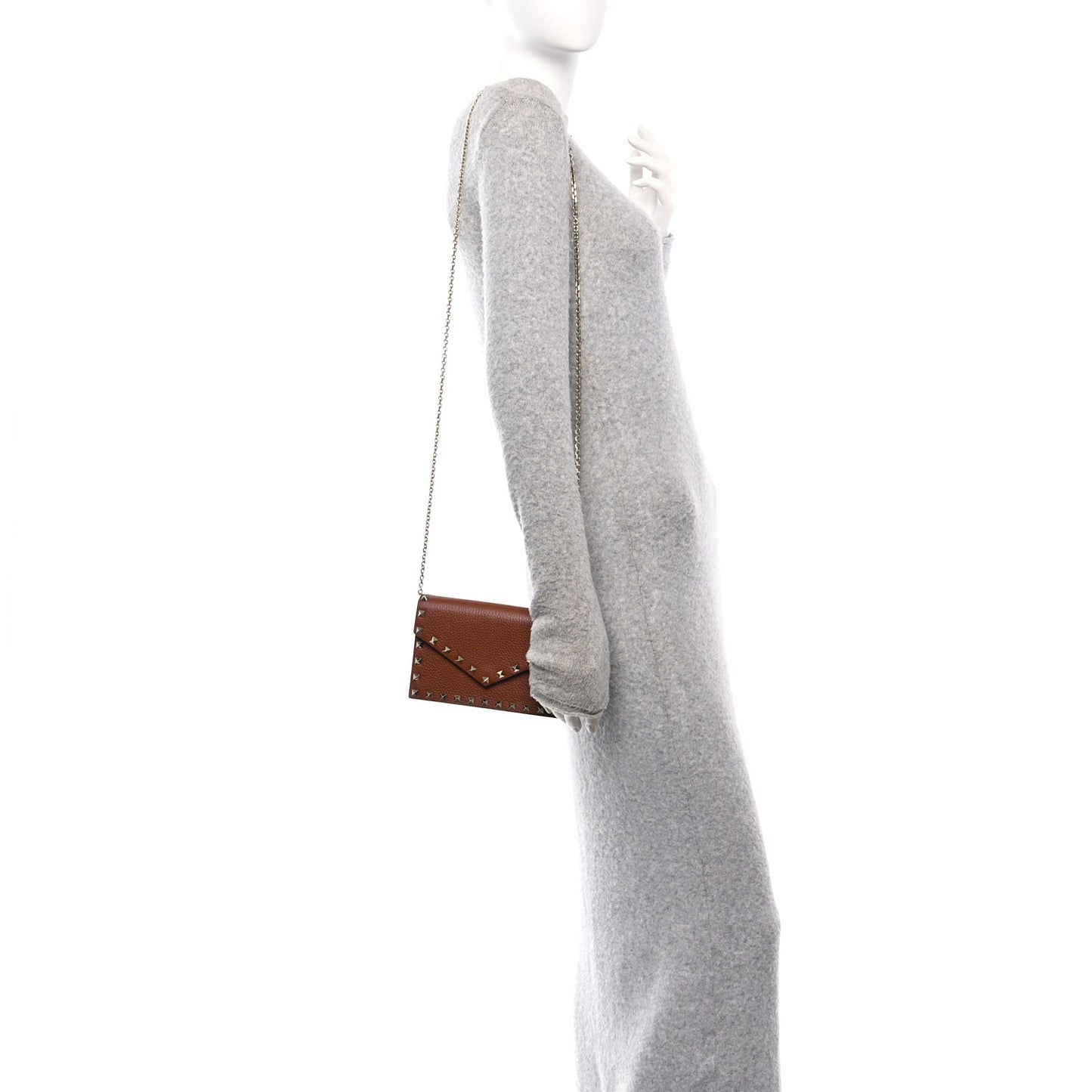 Pebbled Calfskin Rockstud Envelope Wallet on Chain Bright Cognac