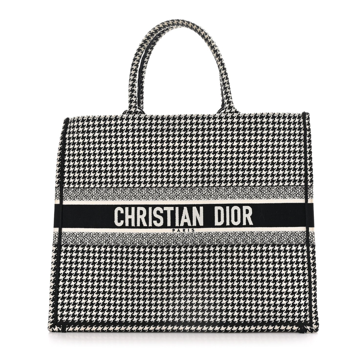 Canvas Houndstooth Embroidered Large Book Tote Black White