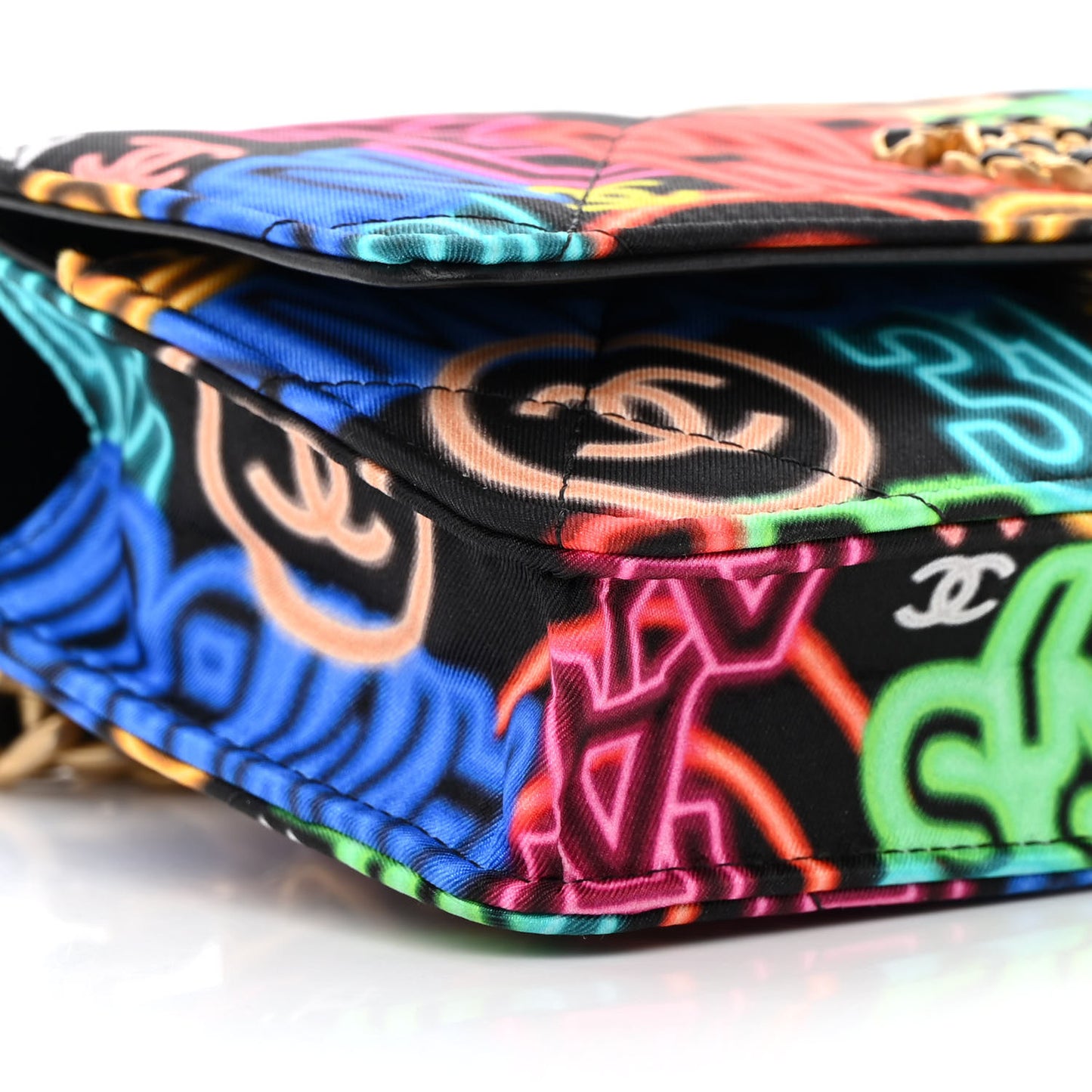 Fabric Printed Chanel 19 Wallet On Chain WOC Black Multicolor