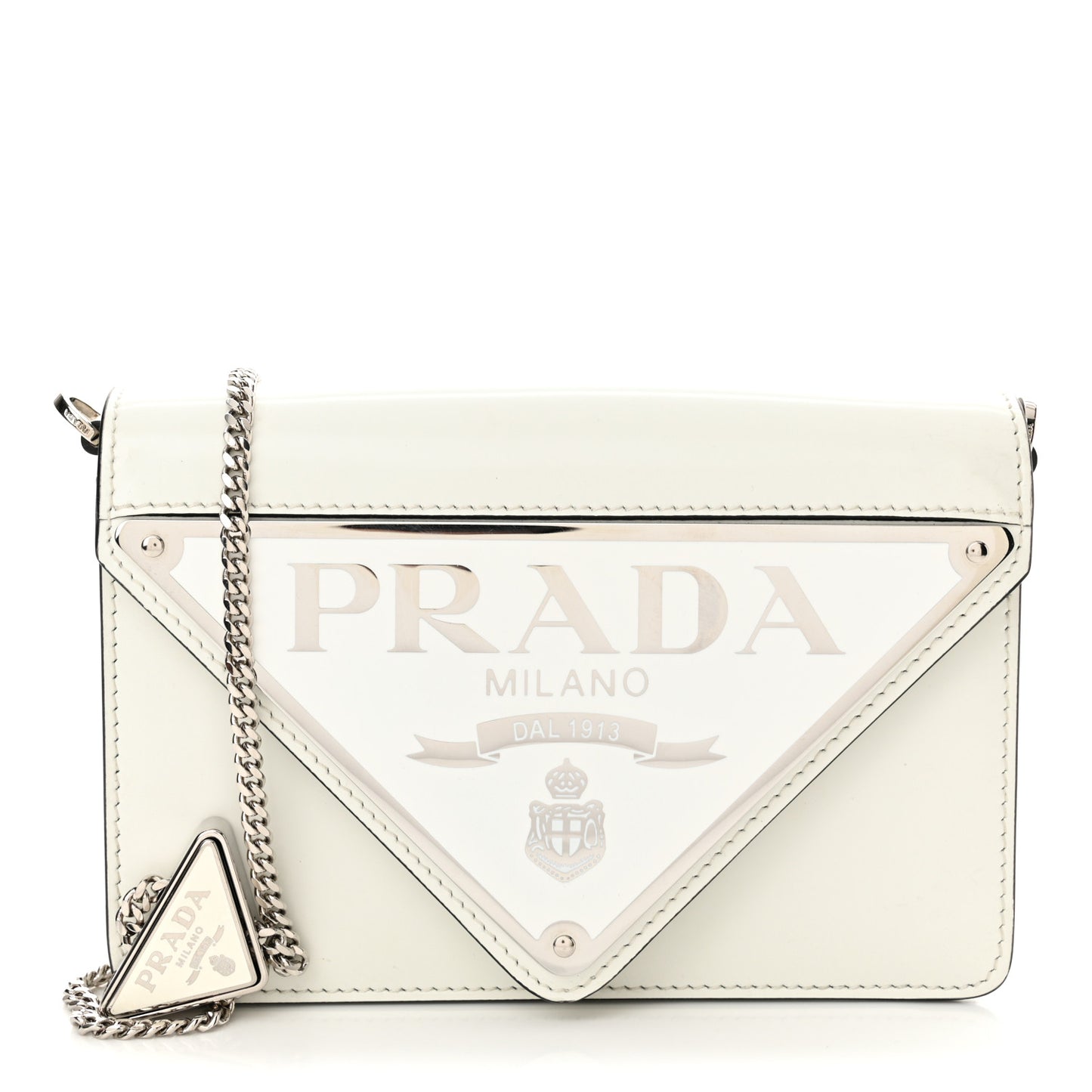 Spazzolato Triangle Logo Plate Flap Chain Crossbody Bag White
