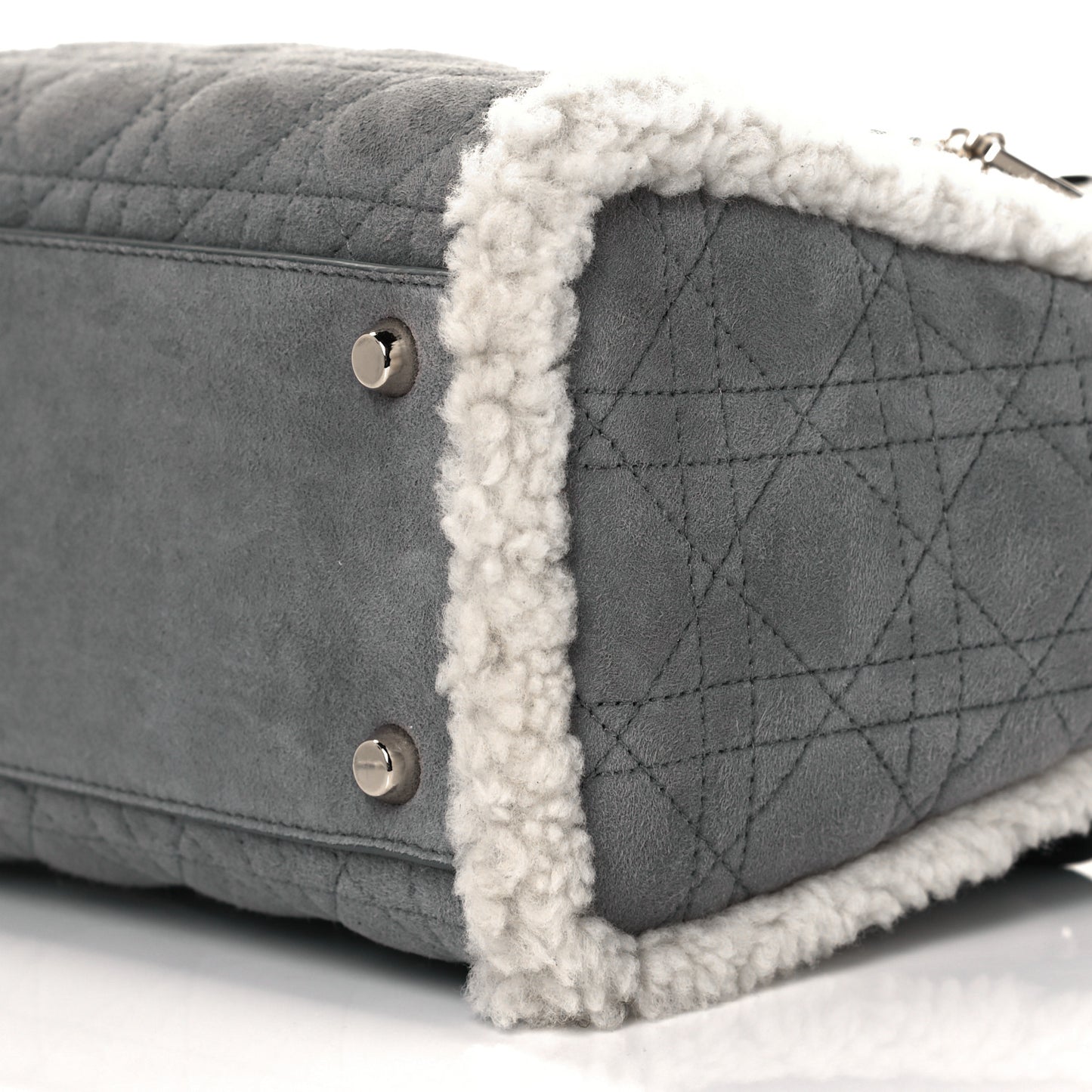 Suede Shearling Cannage Small Lady Dior Gray