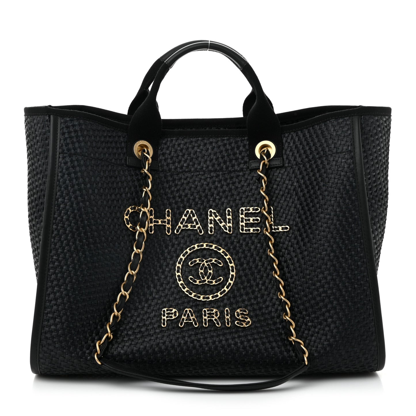 Straw Raffia Calfskin Chain Medium Deauville Tote Black