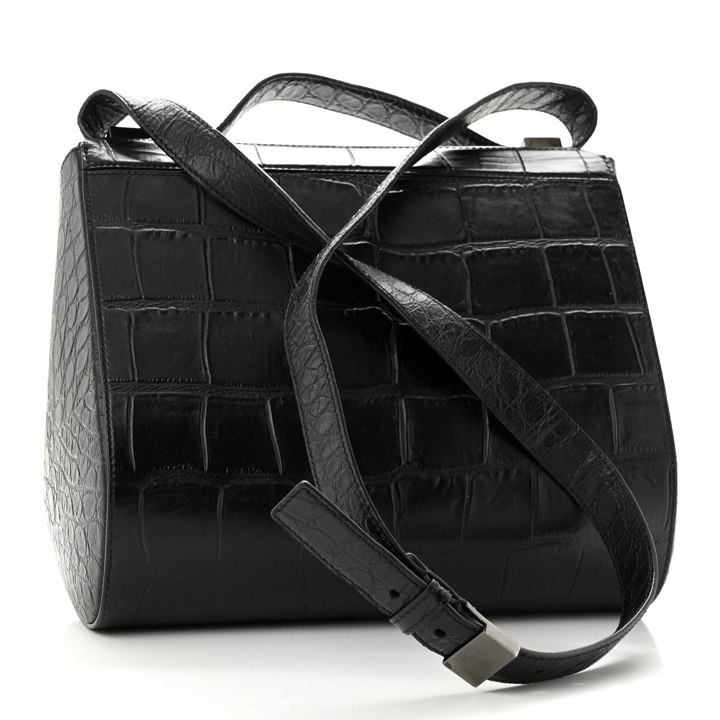 Calfskin Crocodile Embossed Medium Pandora Box Crossbody Bag Black