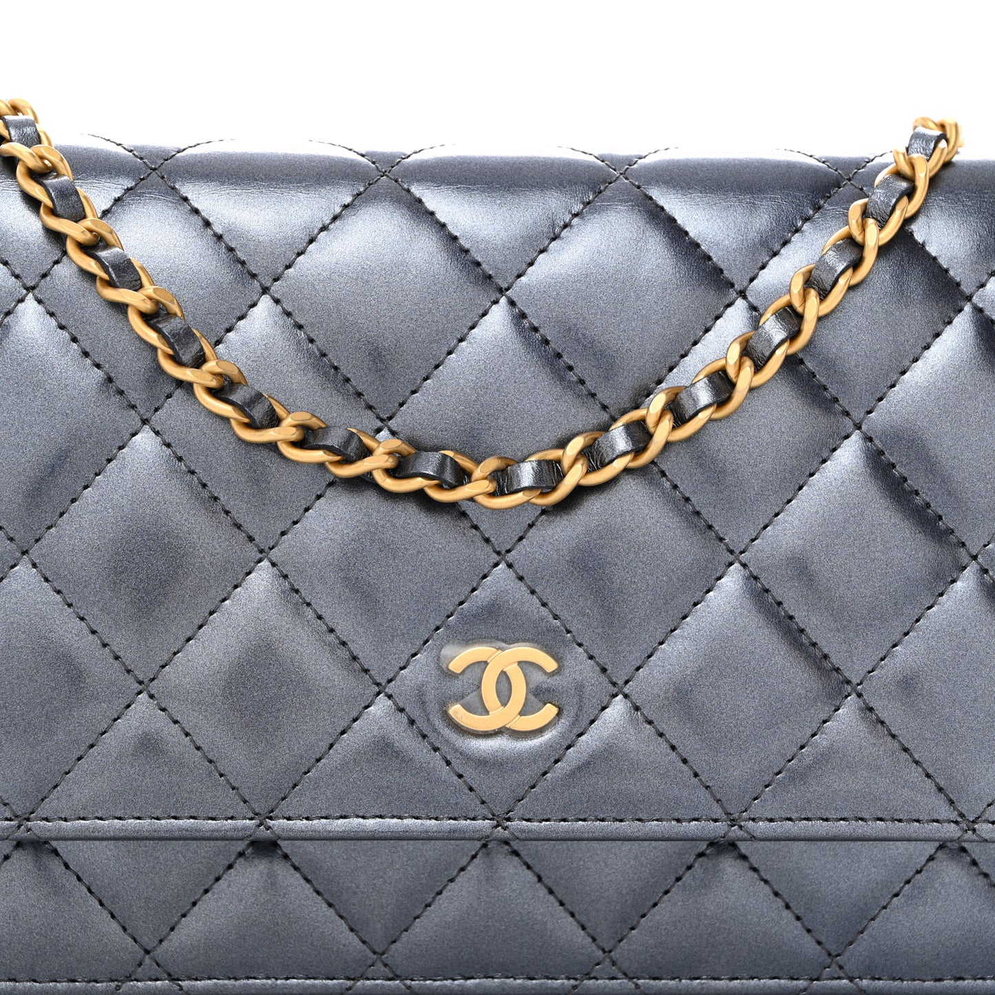 Metallic Lambskin Wallet On Chain WOC Dark Blue