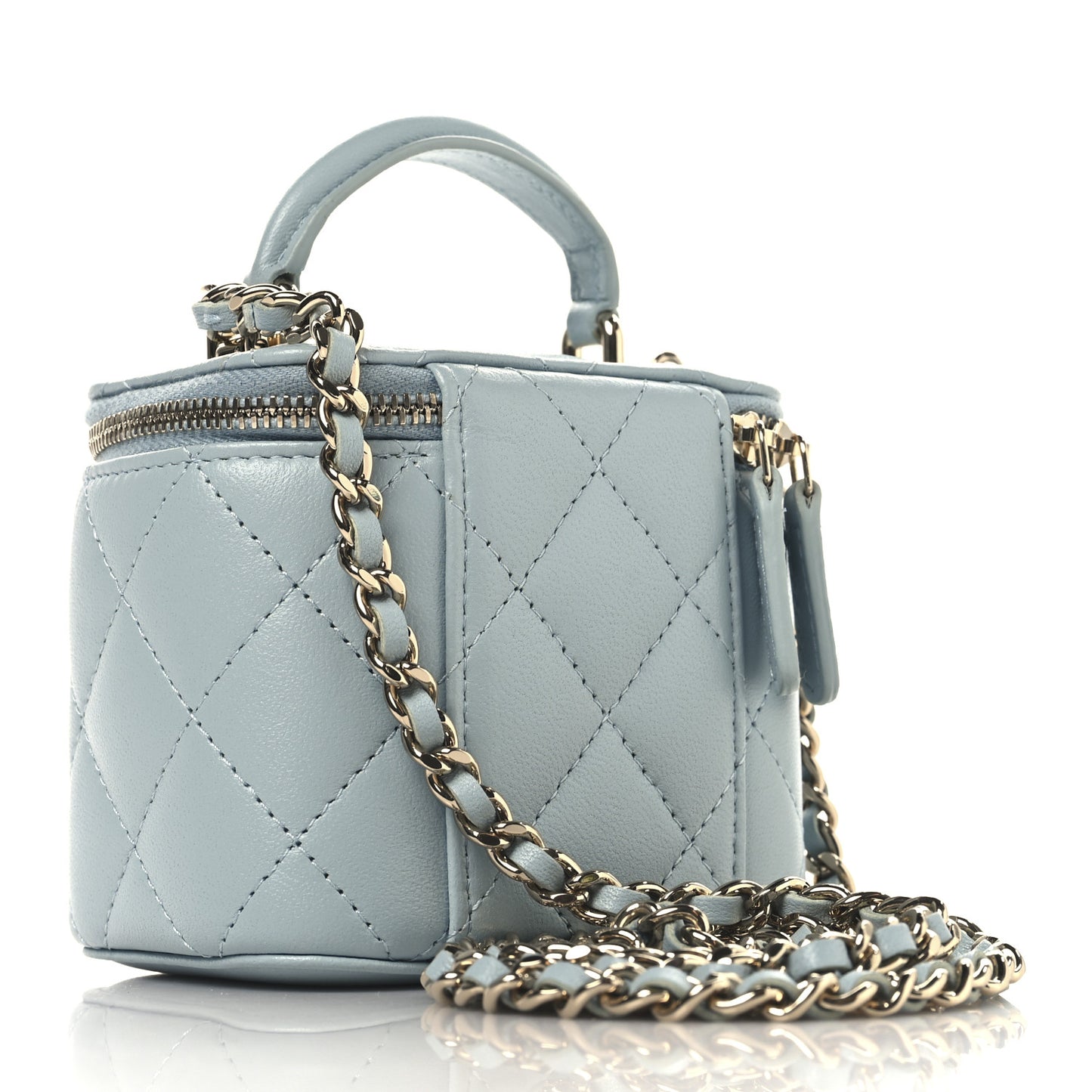 Lambskin Quilted Top Handle Mini Vanity Case With Chain Light Blue