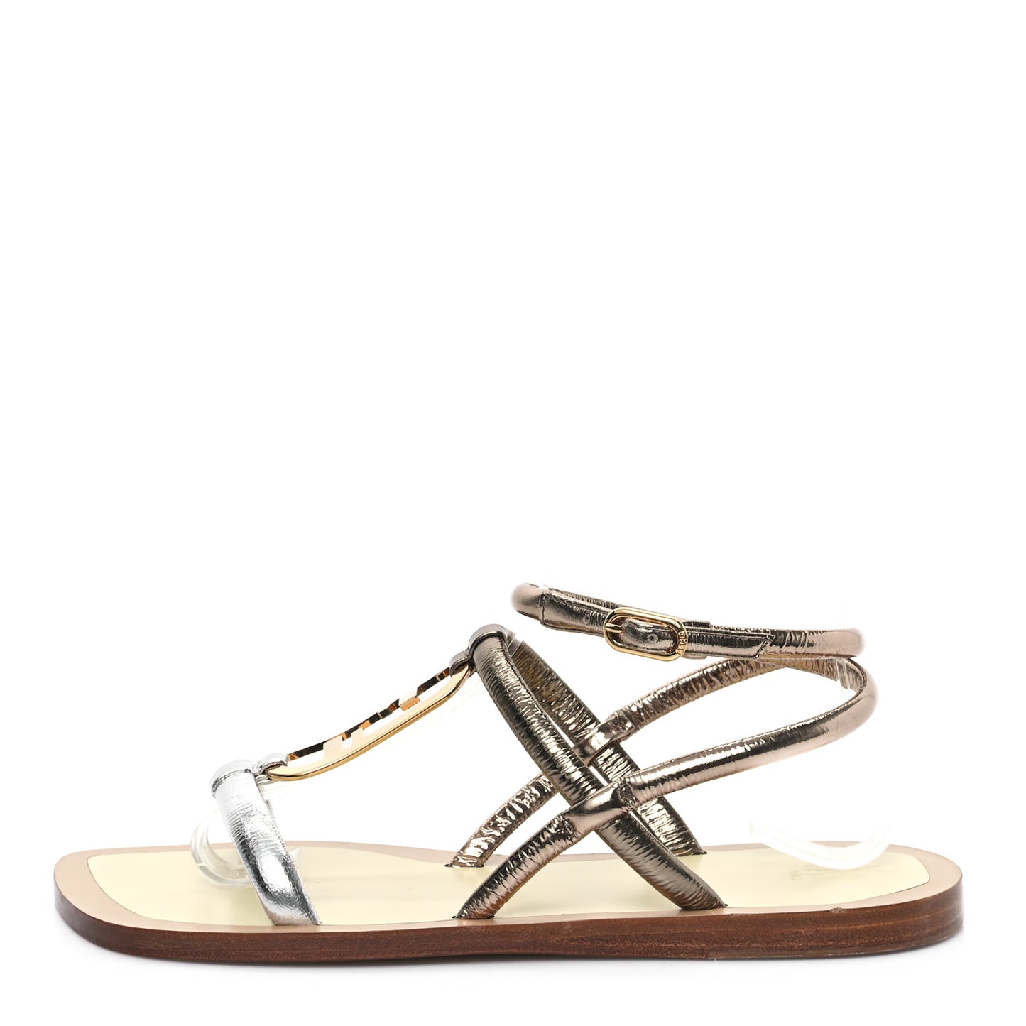 Metallic Nappa Fendi O'Lock Gladiator Flat Sandals 36 Argento Stagno Champagne
