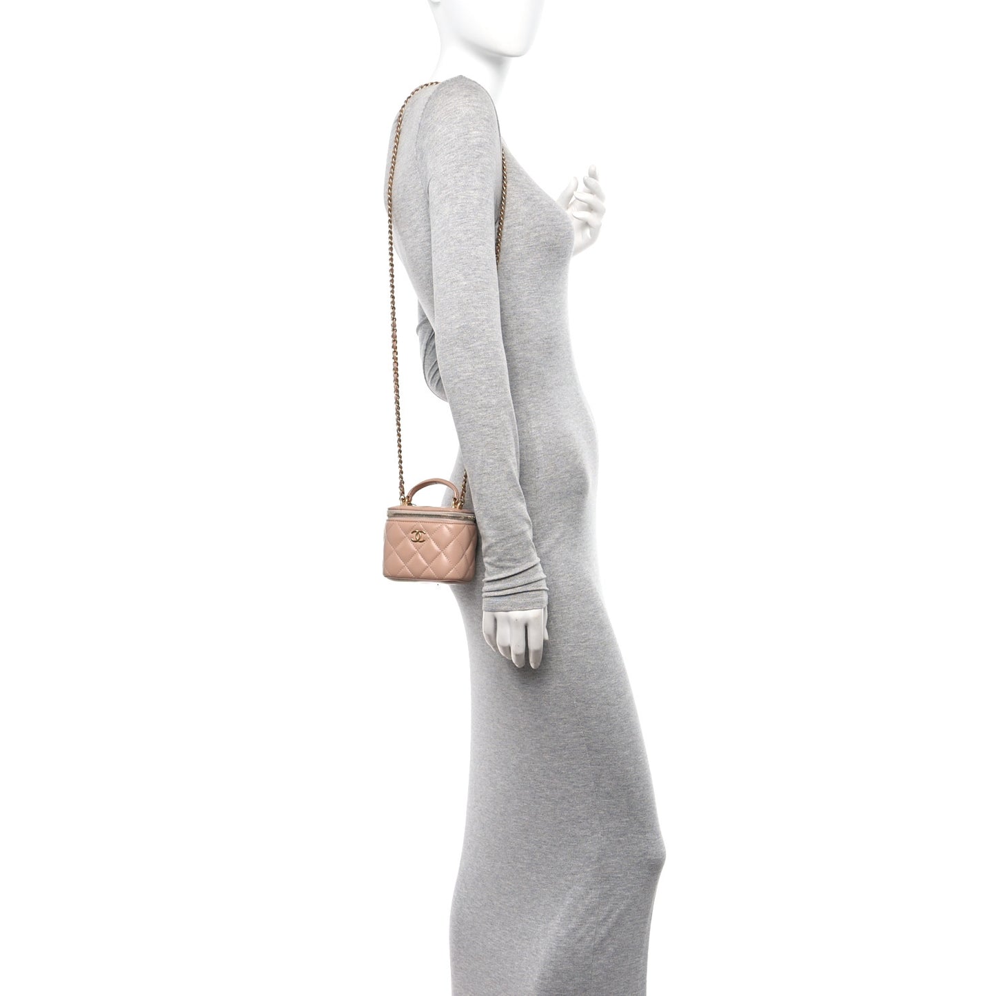 Lambskin Quilted Top Handle Mini Vanity Case With Chain Beige