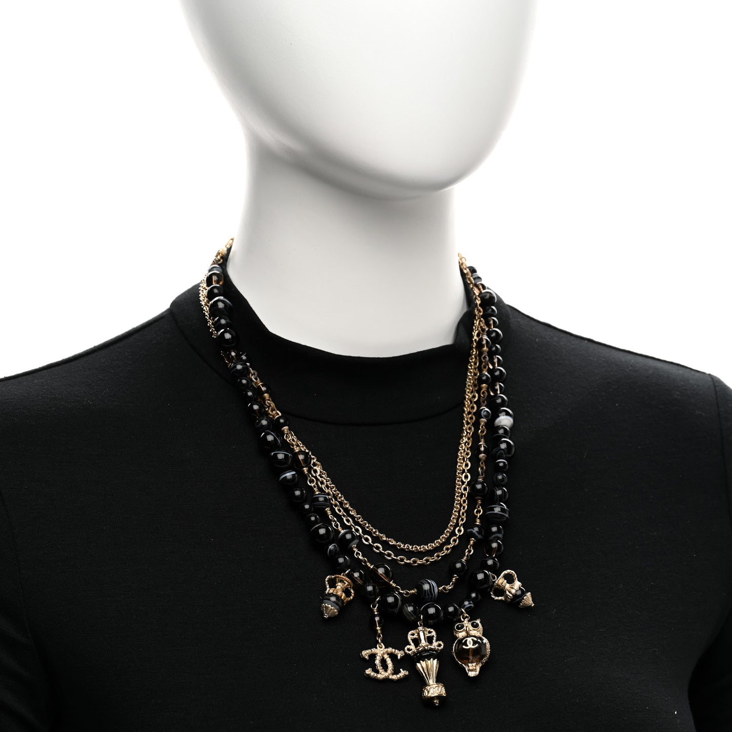 Resin Glass CC Beaded Charms Multi Strand Short Necklace Gold Black