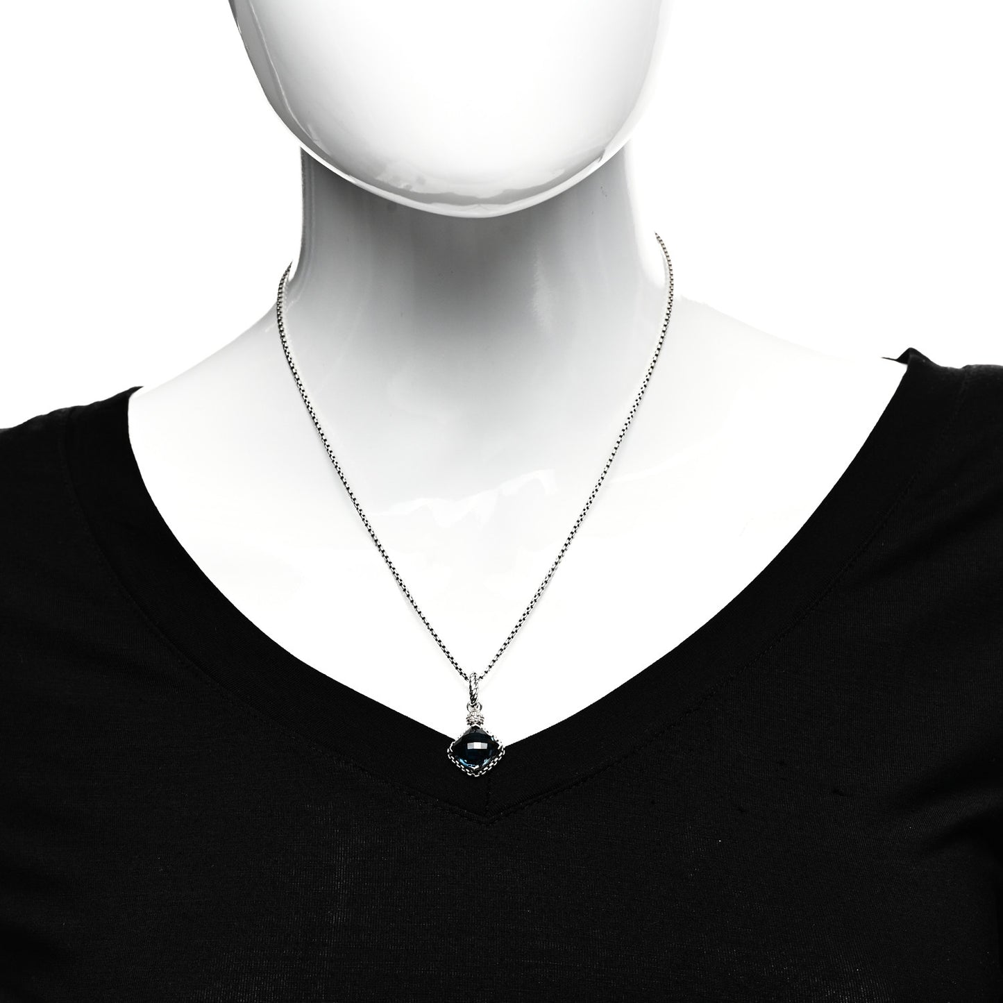Sterling Silver Diamond Hampton Blue Topaz 13mm Cushion on Point Pendant Necklace