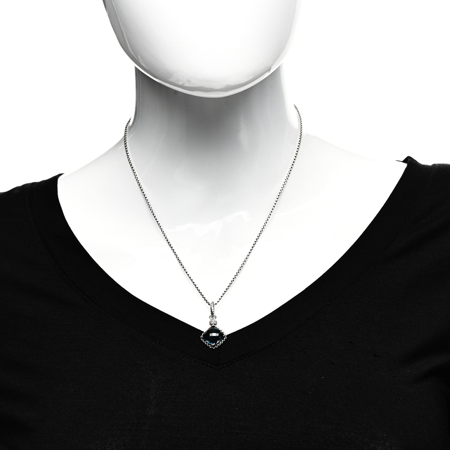 David Yurman Sterling Silver Diamond Hampton Blue Topaz 13mm Cushion on Point Pendant Necklace 2 of 4
