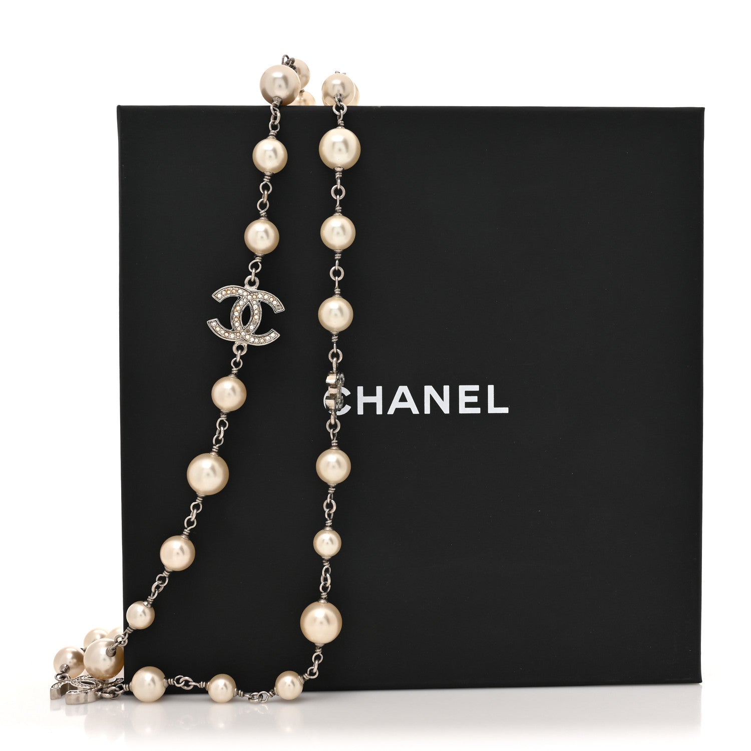 Chanel Crystal Pearl CC Long Necklace Silver 5 of 5