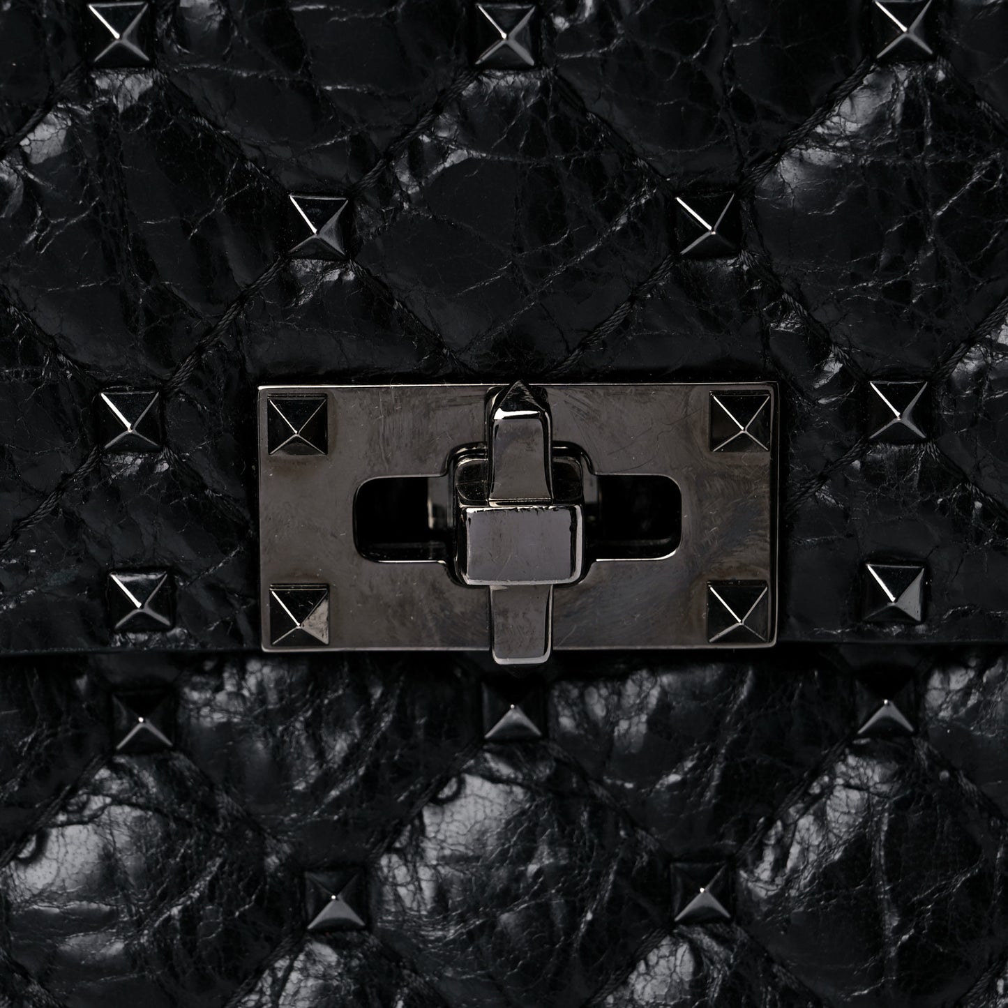 Craquele Nappa Medium Rockstud Spike Shoulder Bag Black