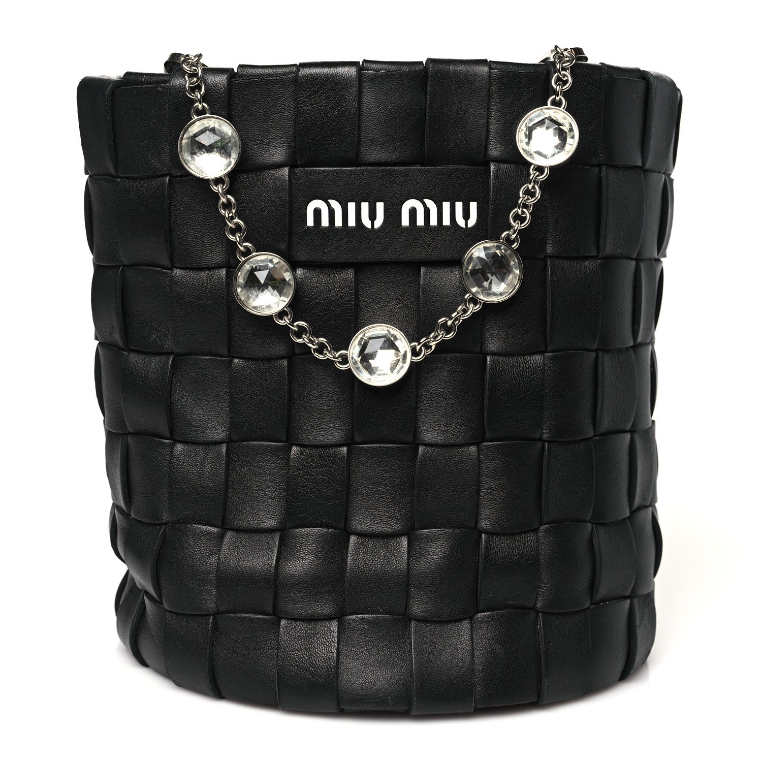 Miu Miu Nappa Woven Crystal Chain Bucket Bag Black 1768336