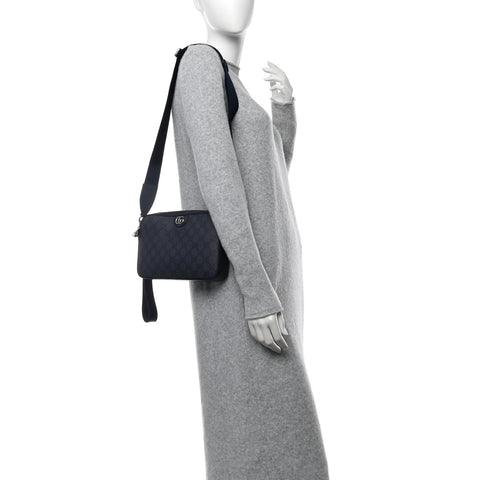 GG Supreme Monogram Textured Dollar Calfskin Web Ophidia Wristlet Shoulder Bag Black Blue