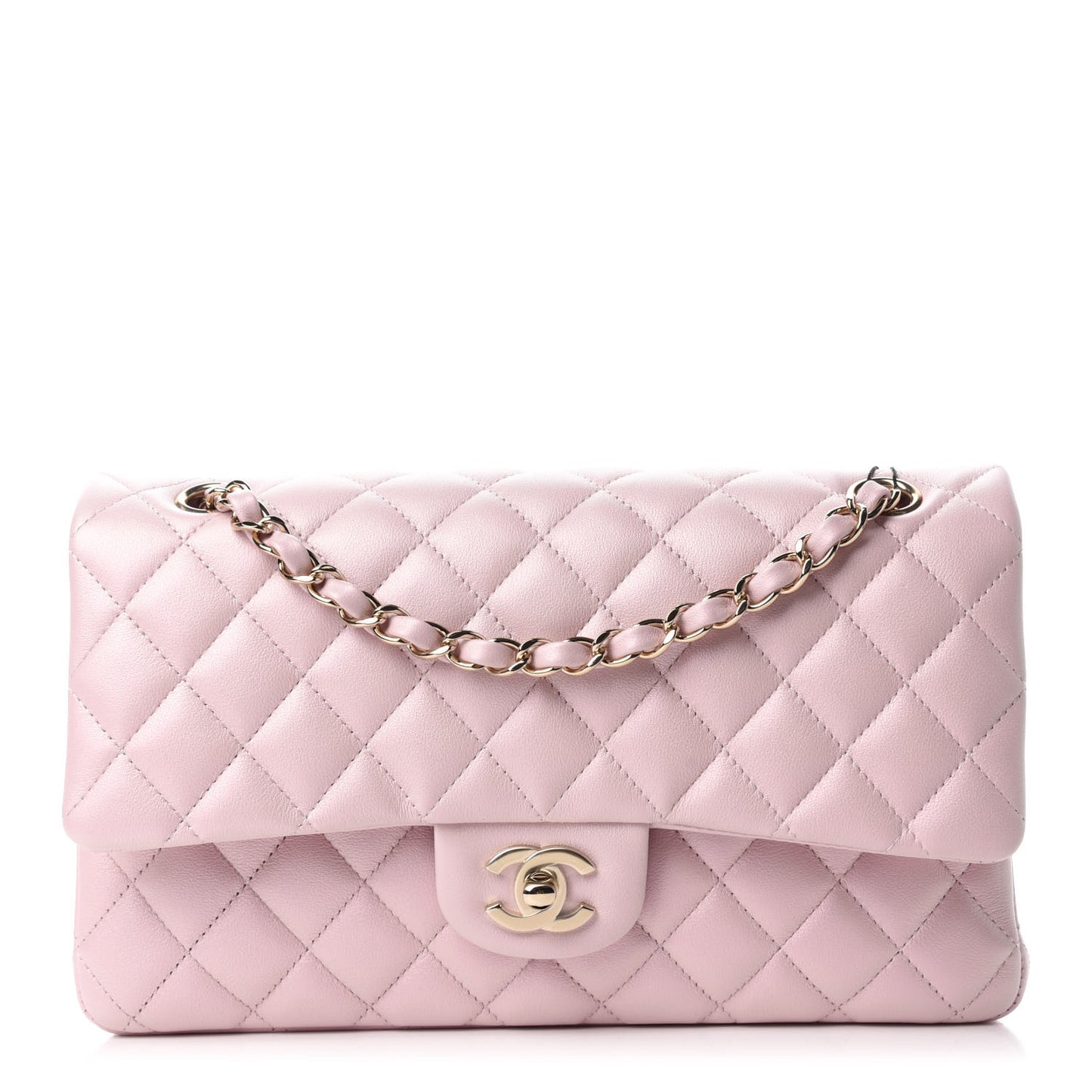 Iridescent Calfskin Quilted Medium Double Flap Light Pink