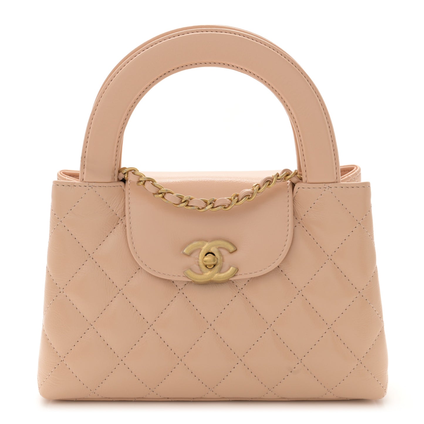 Shiny Aged Calfskin Quilted Nano Kelly Shopper Beige