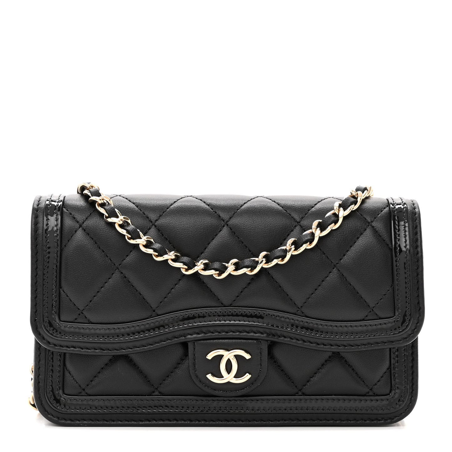 Lambskin Patent Calfskin Quilted Flap Phone Holder With Chain Black