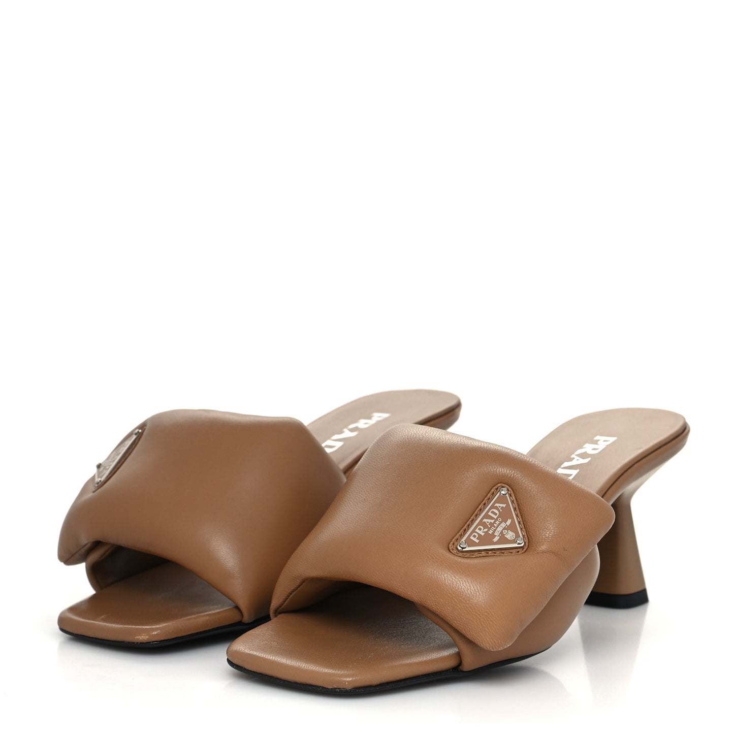 Nappa Soft Padded Metal Triangle Logo 65mm Slide Sandals 37 Caramel