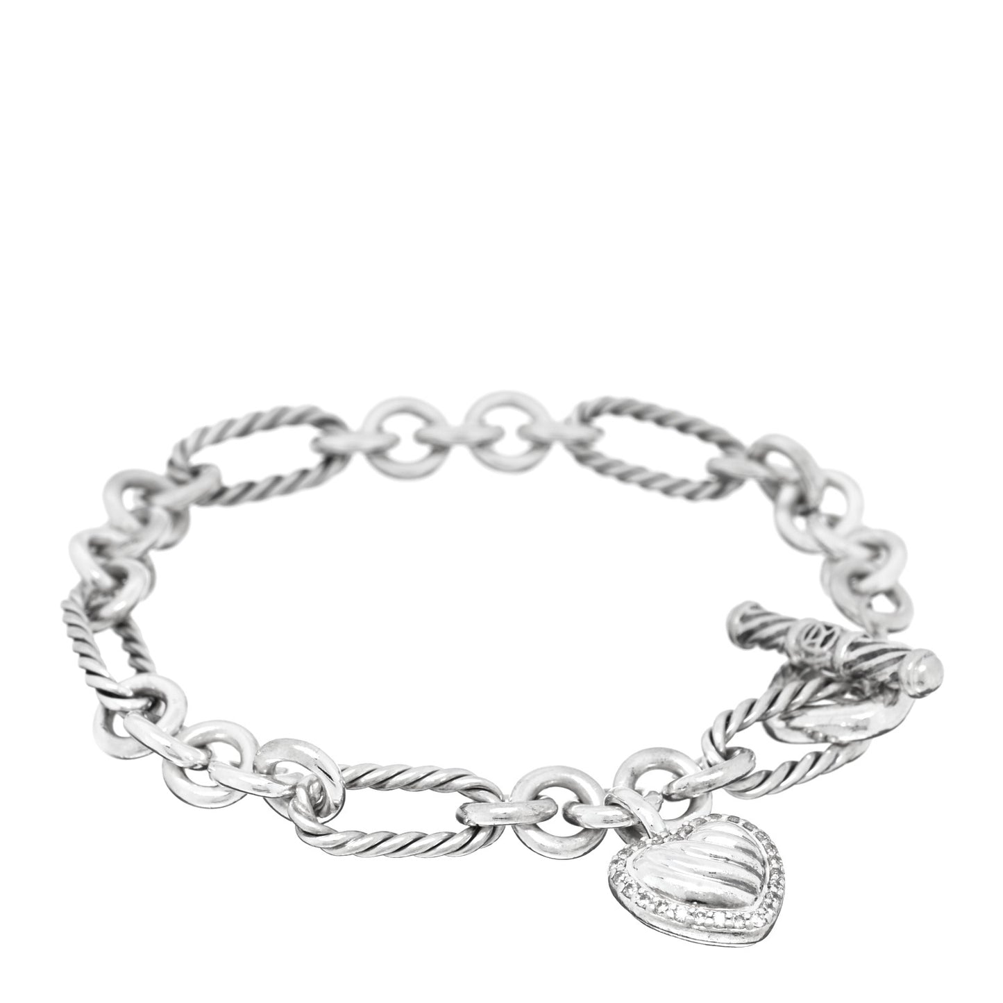 Sterling Silver Diamond Cable Heart Charm Bracelet