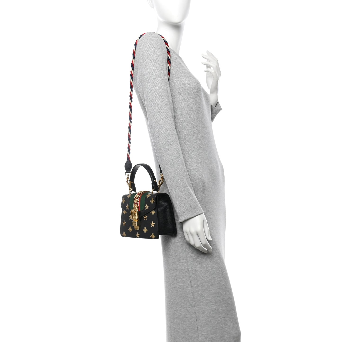 Textured Calfskin Bee Star Print Mini Sylvie Top Handle Bag Black