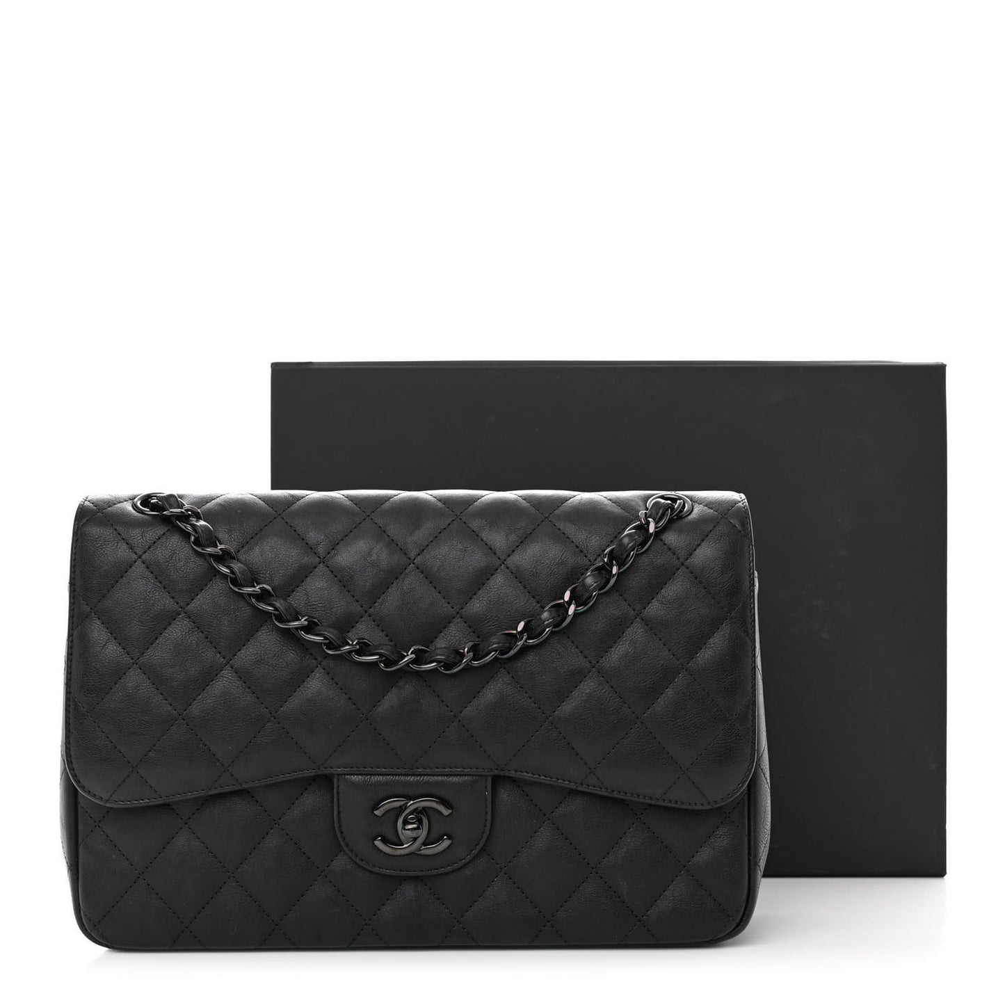 Crumpled Calfskin Quilted Jumbo Double Flap So Black