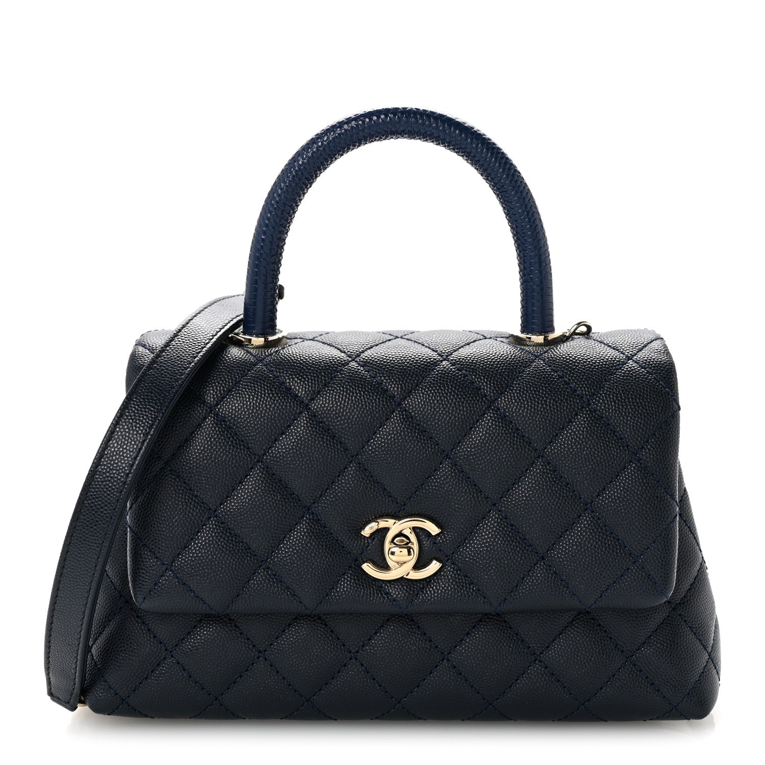 Chanel Caviar Quilted Lizard Embossed Mini Coco Handle Flap Navy