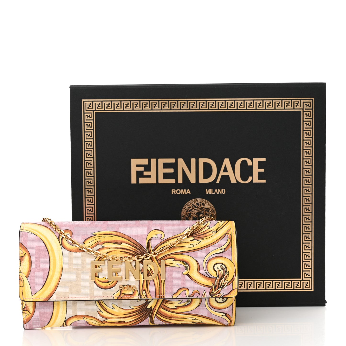 X VERSACE Glazed Fabric Fendace FF Baroque Continental Wallet On Chain Gold White Rosa