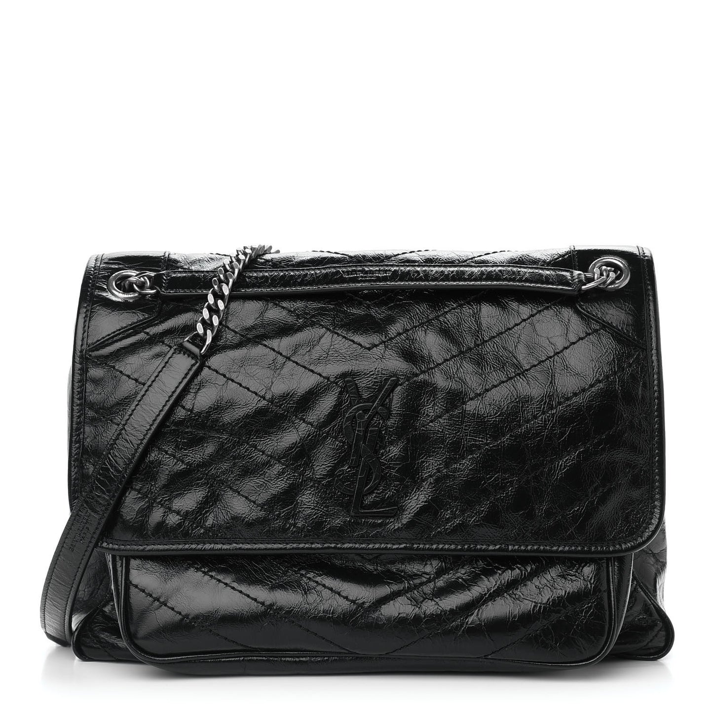 Crinkled Calfskin Matelasse Monogram Large Niki Chain Satchel Black