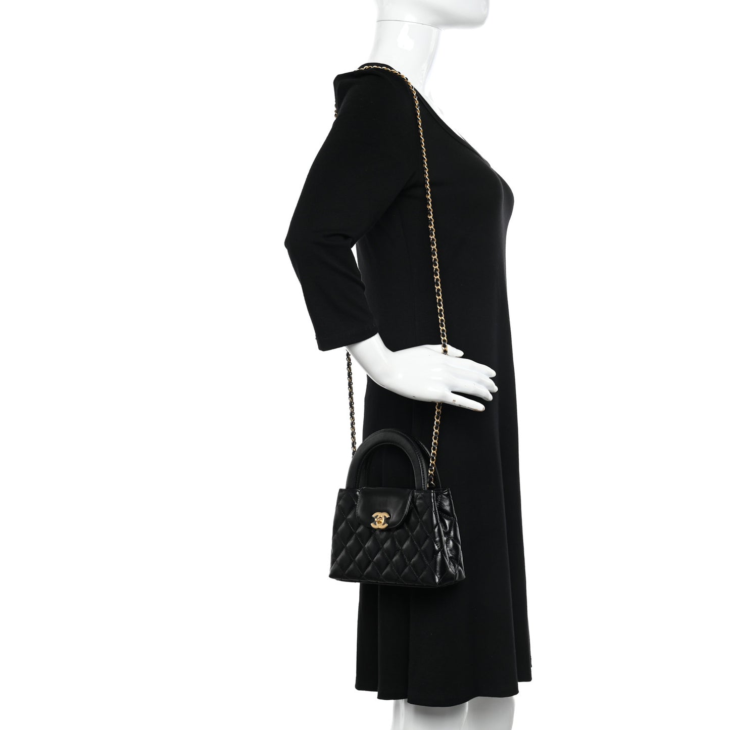 Shiny Aged Calfskin Quilted Nano Kelly Shopper Black