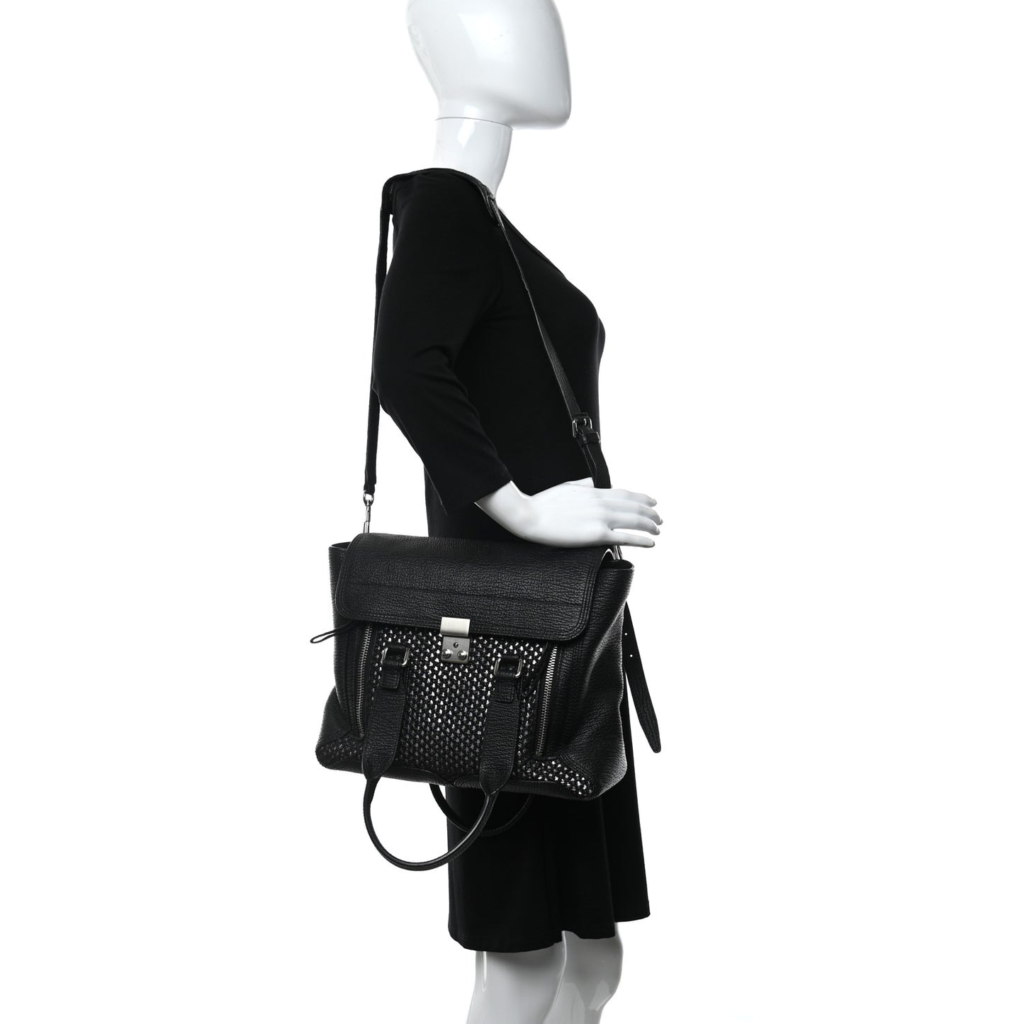 3.1 Textured Calfskin Woven Panel Medium Pashli Satchel Black Silver