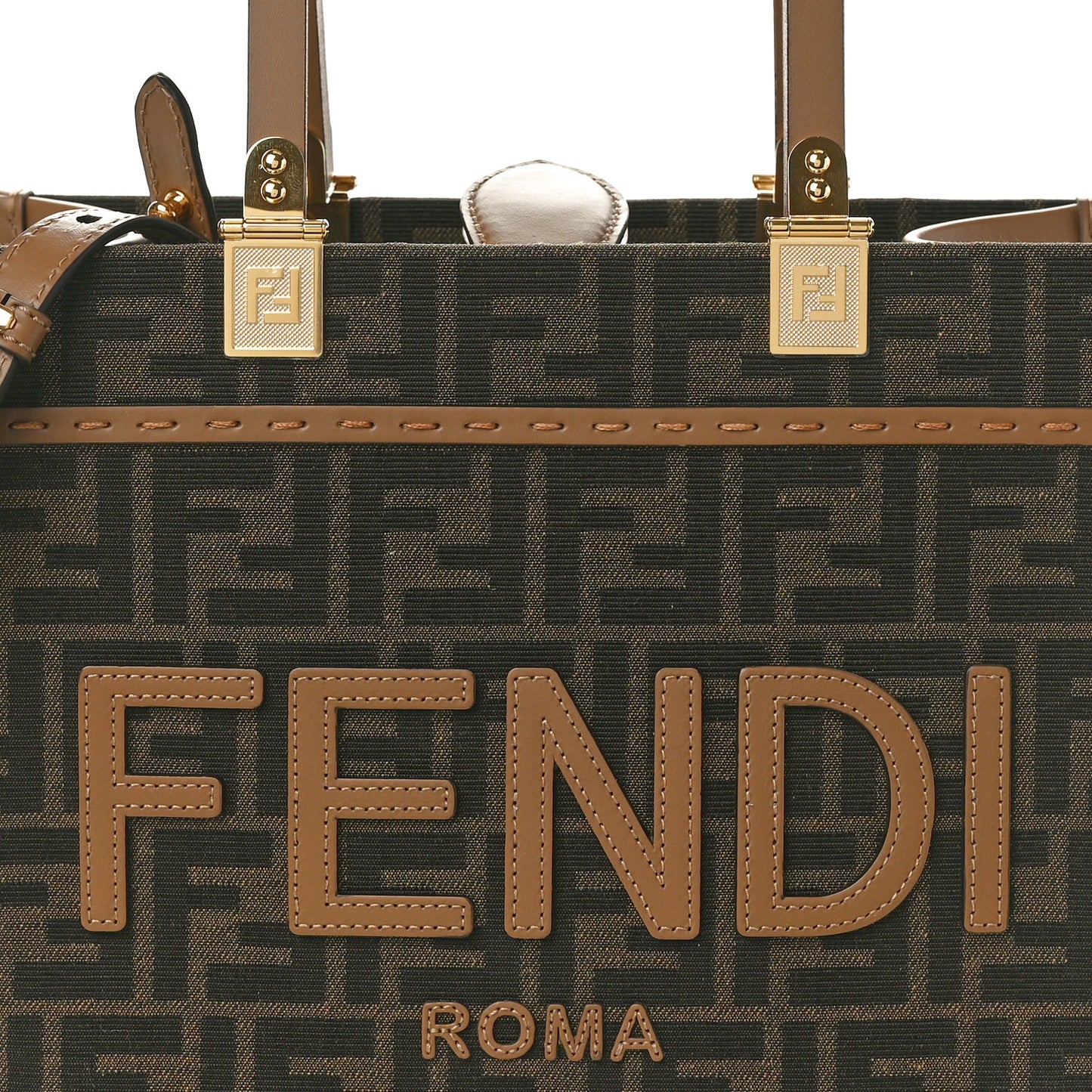 Fabric Jacquard FF 1974 Logo Small Fendi Sunshine Shopper Tote Tobacco Moro Sand
