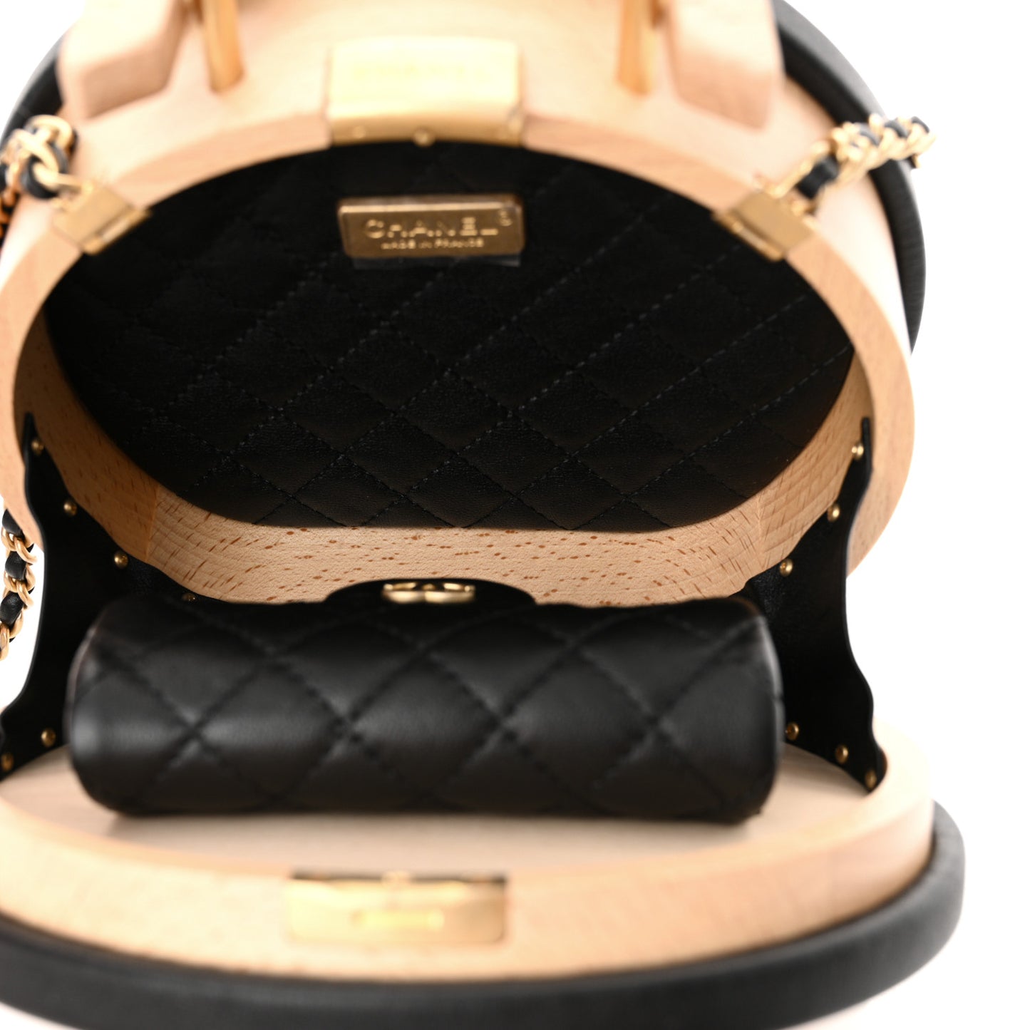Beech Wood Lambskin Round CC Vanity Case Black