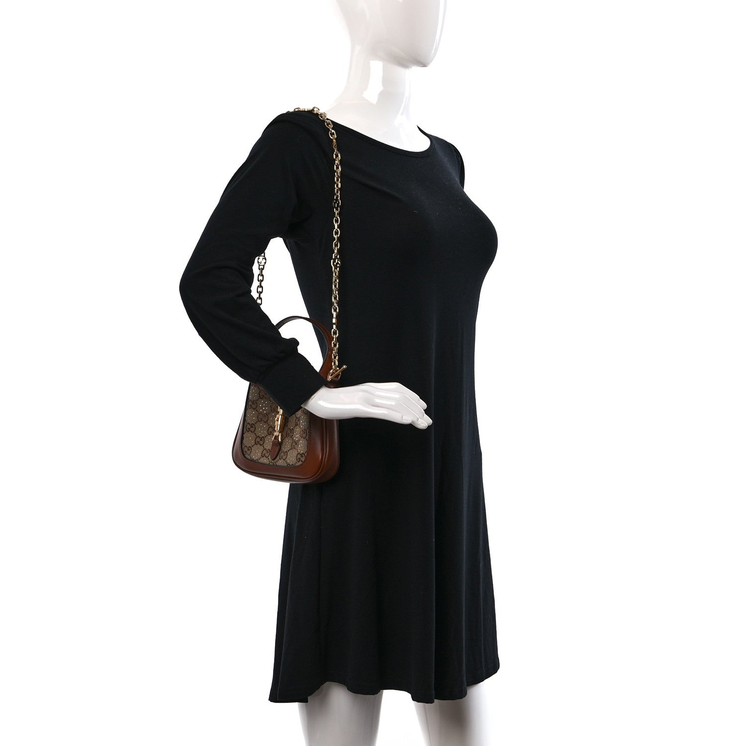 Gucci New Canvas Charisma Calfskin Crystal GG Monogram Mini Jackie 1961 Hobo Camel Ebony 2 of 9