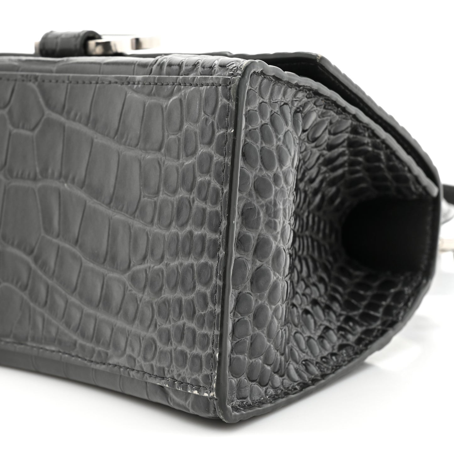 Shiny Calfskin Crocodile Embossed Small Hourglass Top Handle Bag Dark Grey
