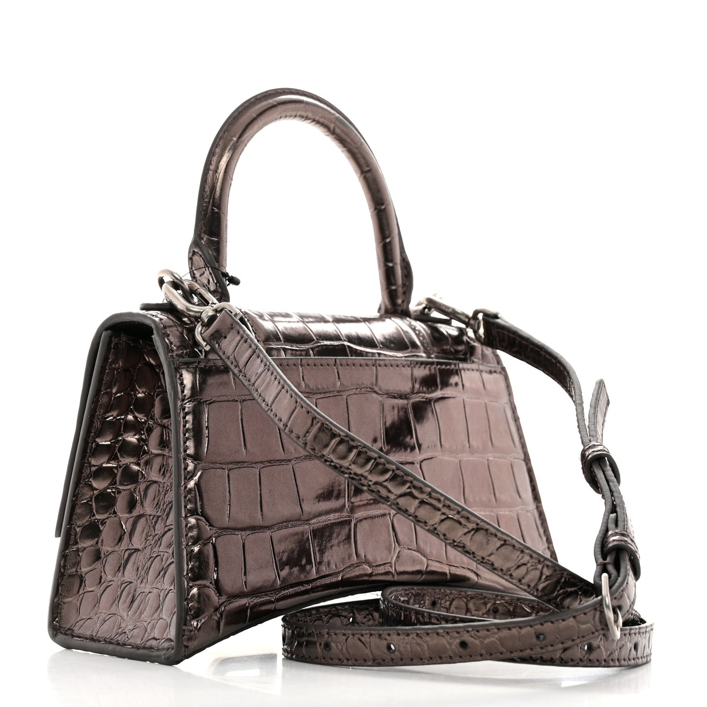 Metallic Shiny Calfskin Crocodile Embossed Hourglass Top Handle Bag XS Dark Bronze