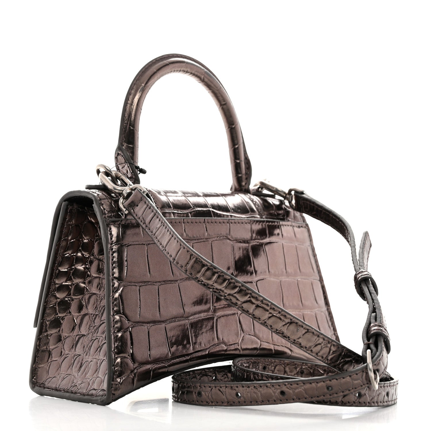 Balenciaga Metallic Shiny Calfskin Crocodile Embossed Hourglass Top Handle Bag XS Dark Bronze 2 of 11