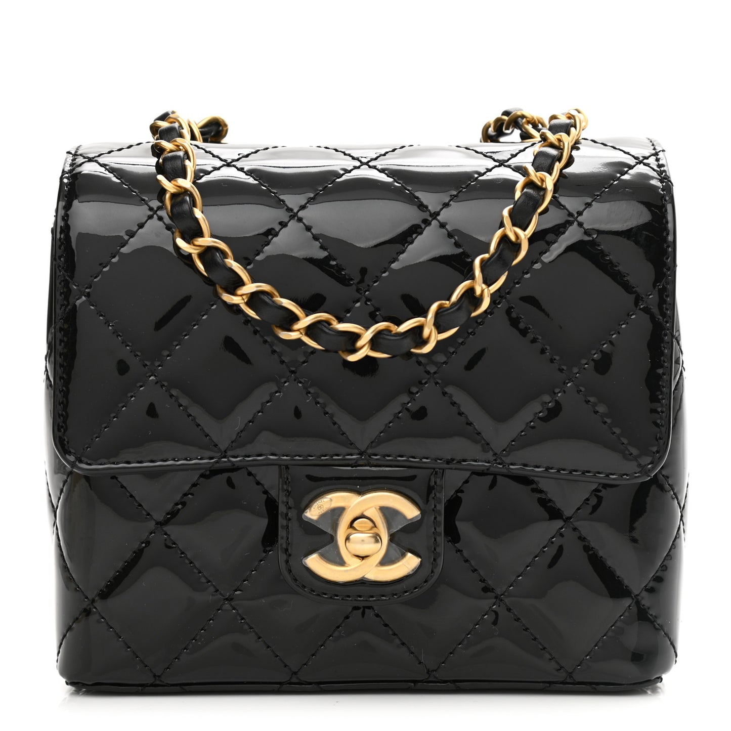 Patent Calfskin Quilted Mini Square Flap Black