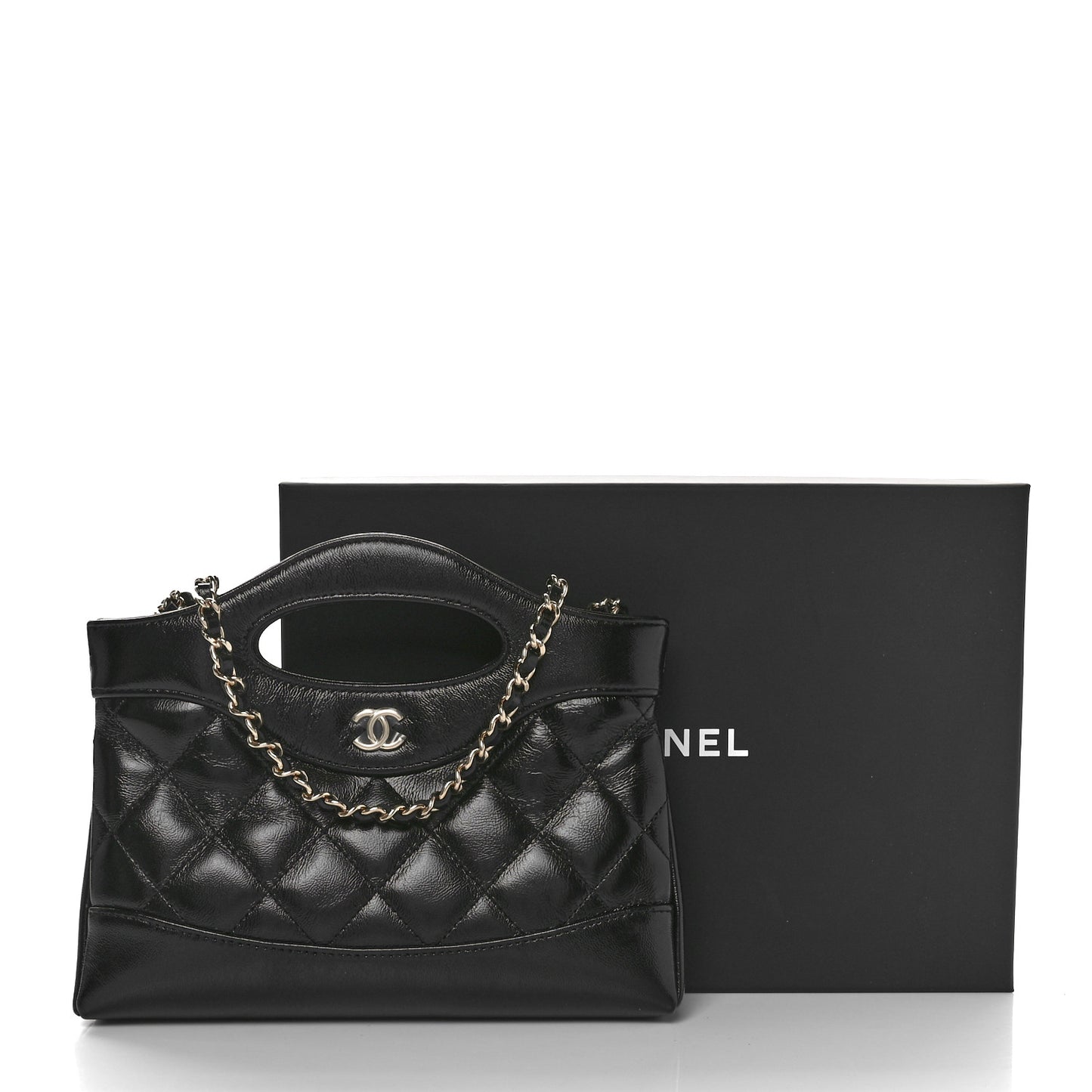 Shiny Crumpled Calfskin Quilted Nano 31 Shopping Bag Black