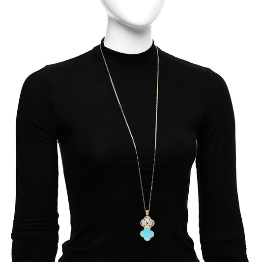 18K Yellow Gold Diamond Turquoise Mother of Pearl 28mm Alhambra Secret Pendant Quartz Watch