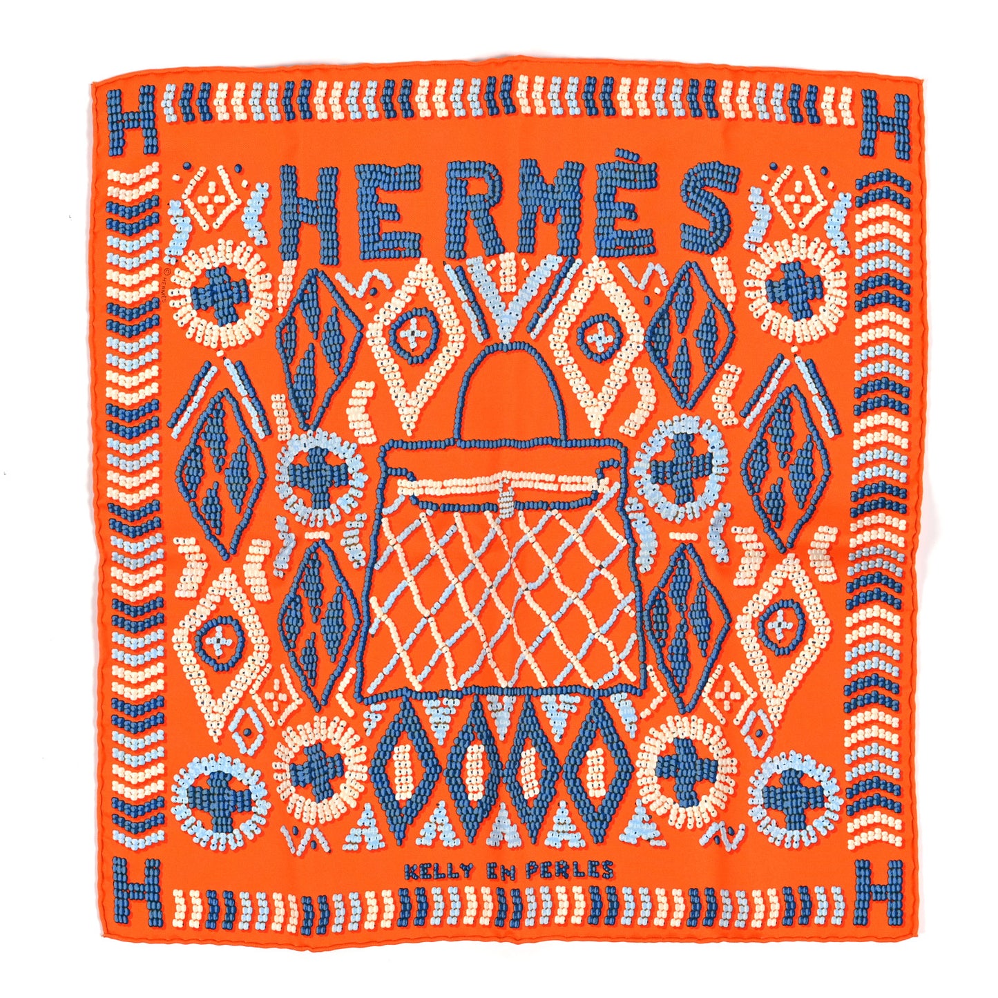 Silk Jersey Kelly En Perles Scarf 45 Orange Bleu Jean