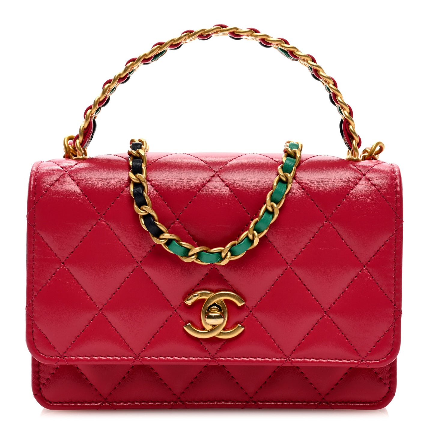 Shiny Calfskin Quilted Mini Multicolor Top Handle Wallet On Chain WOC Dark Pink